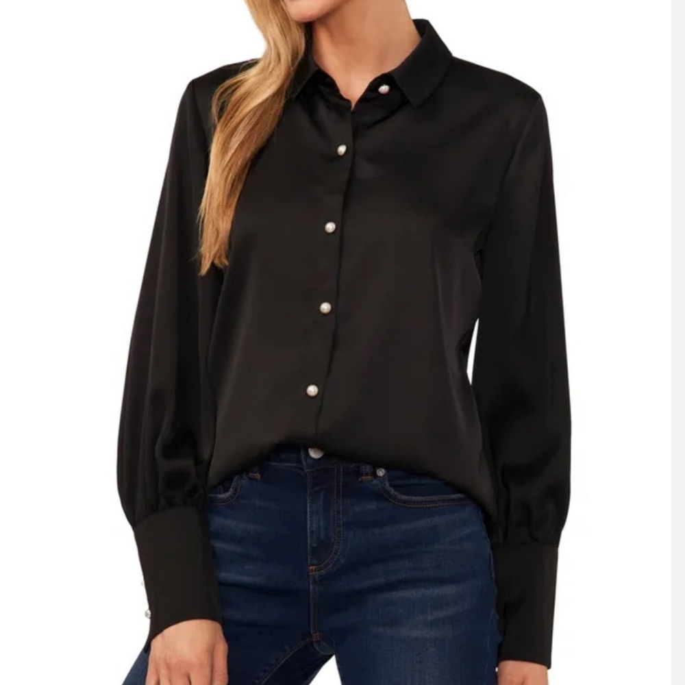 ✨NEW WITH TAGS✨ CECE 
Women's Luxe Satin Imitation Pearl Button Down Blouse